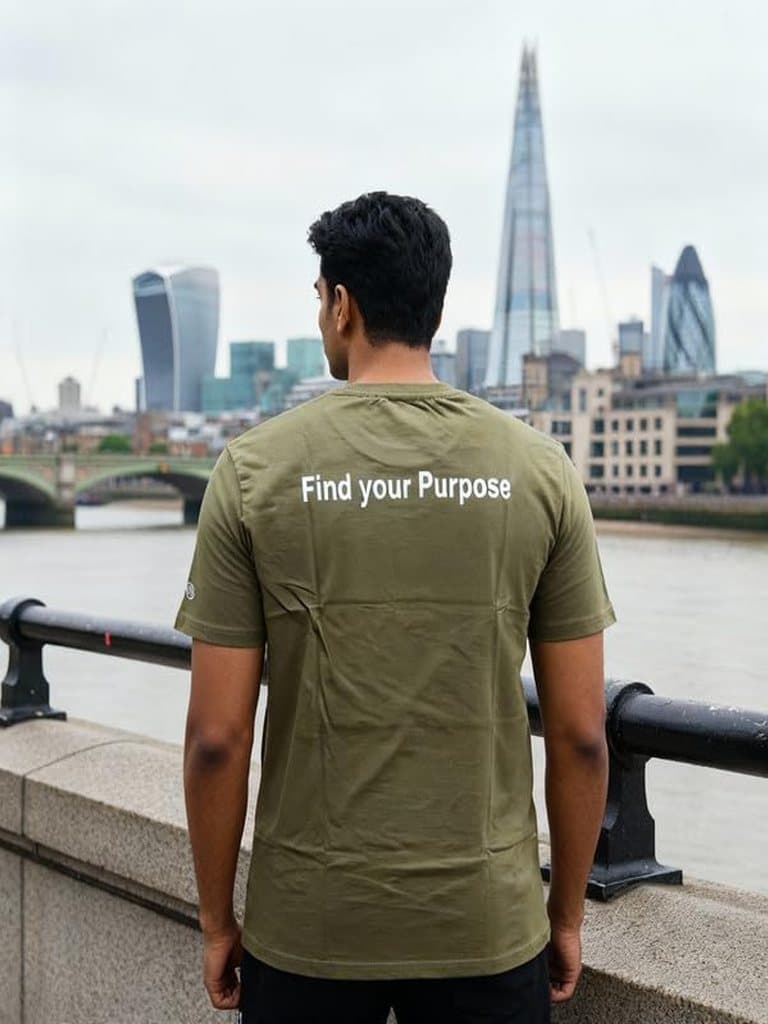 Find Your Purpose printed across the back of an olive tee