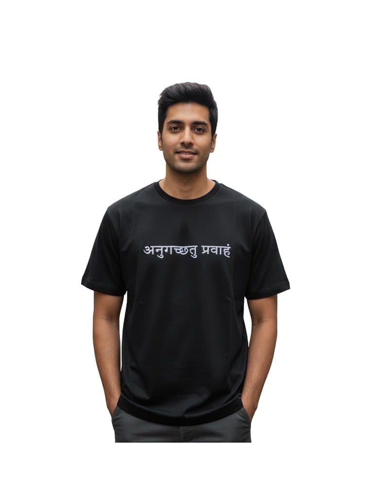 Go With The Flow Sanskrit print on a black tee